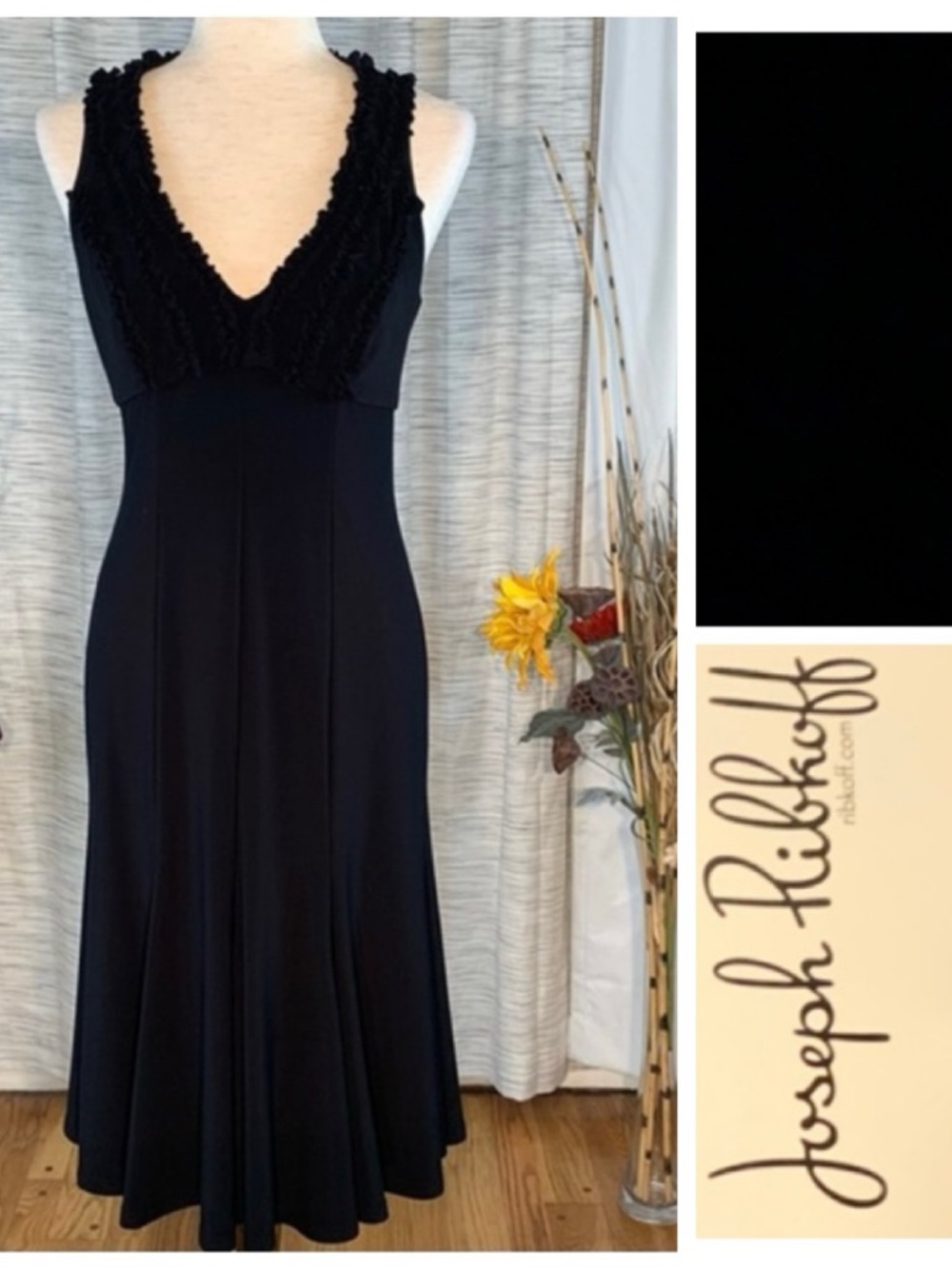 Joseph Ribkoff solid black sleeveless A-line dress.